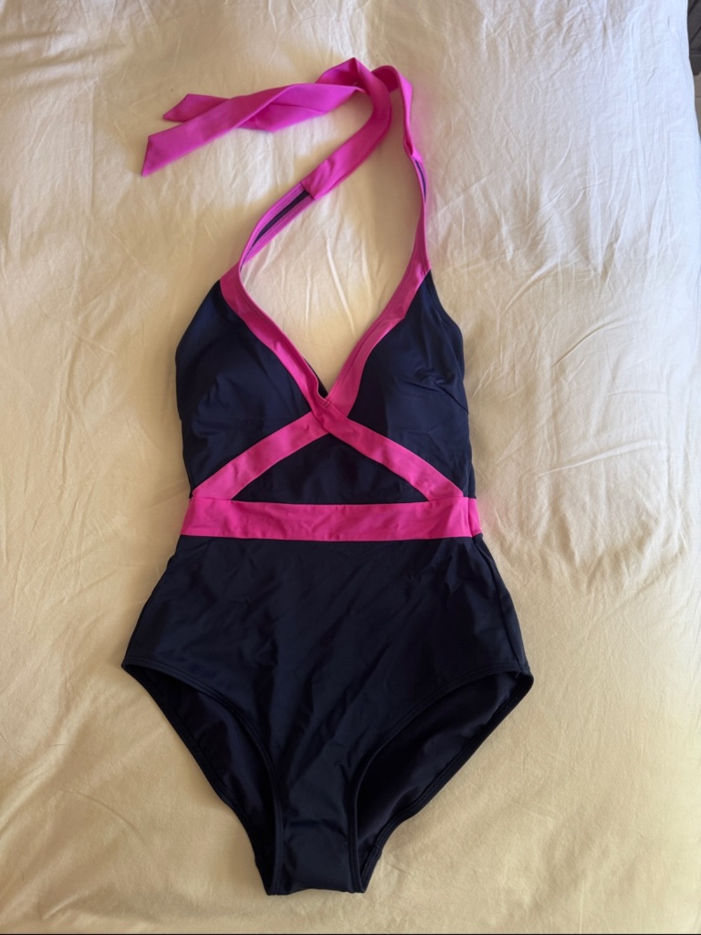 Boden Navy One-Piece Swimsuit with Pink Trim
